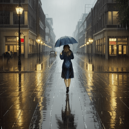AI generated: An oil painting of a city street bathed in the gentle glow of street lamps, with a beautiful girl wa...