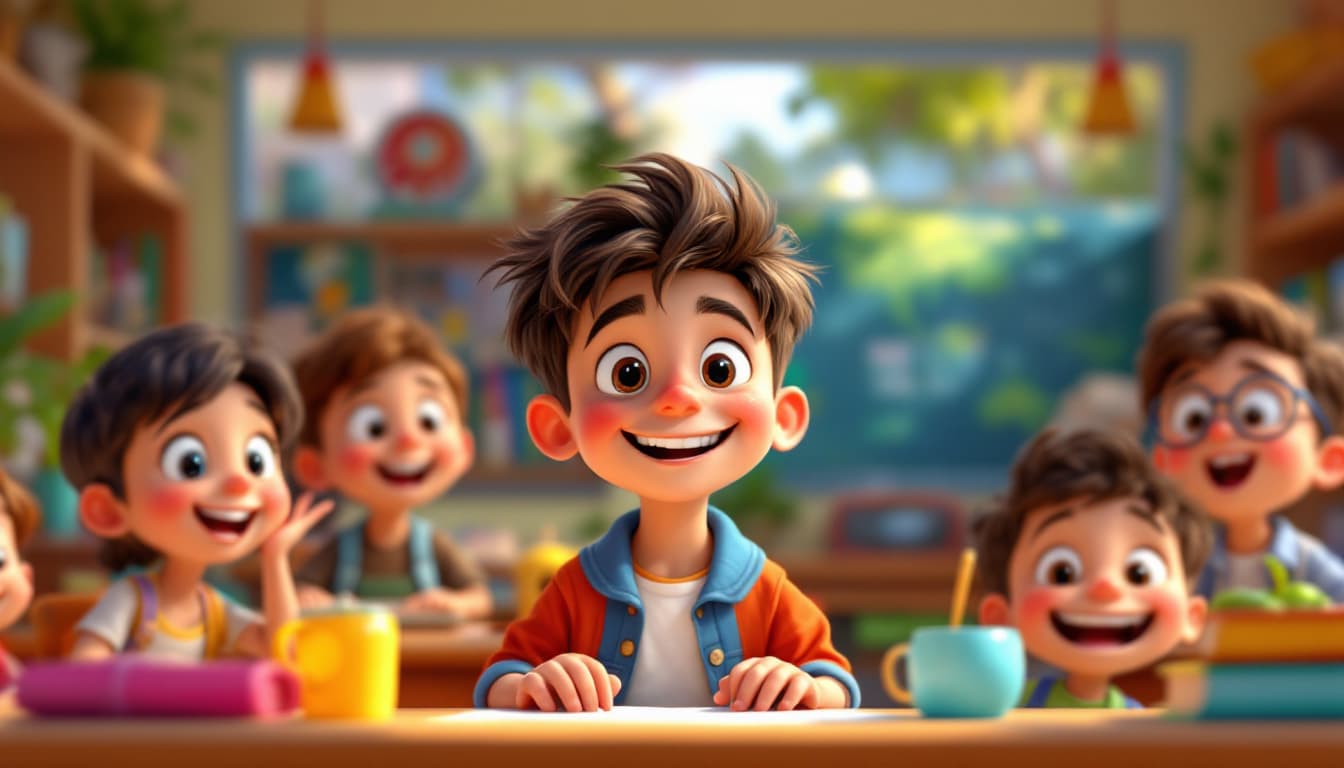 AI generated: PIxar style illustration of a young schoolboy, and FRIENDS with vibrant colors and playful expressio...