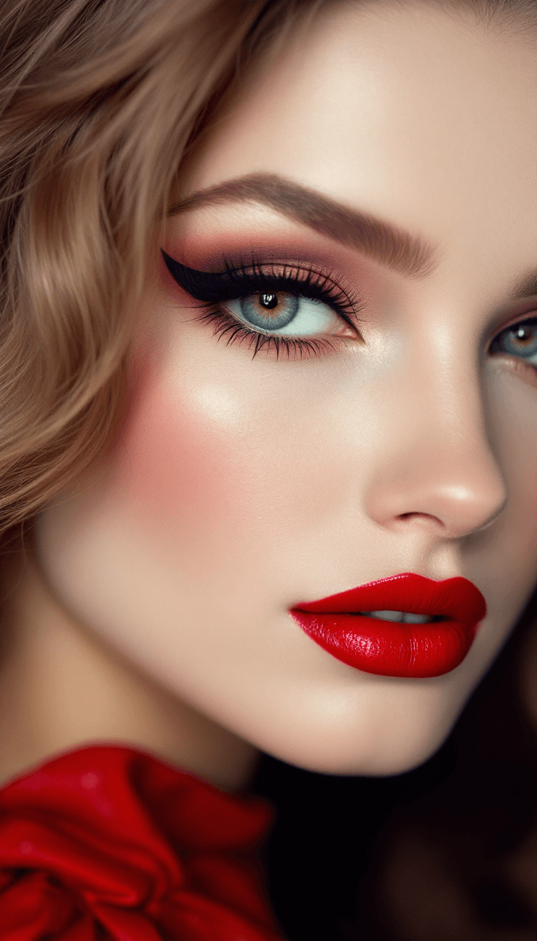 AI generated: Drawing inspiration from past eras, often featuring winged eyeliner, red lips, and soft, romantic sh...