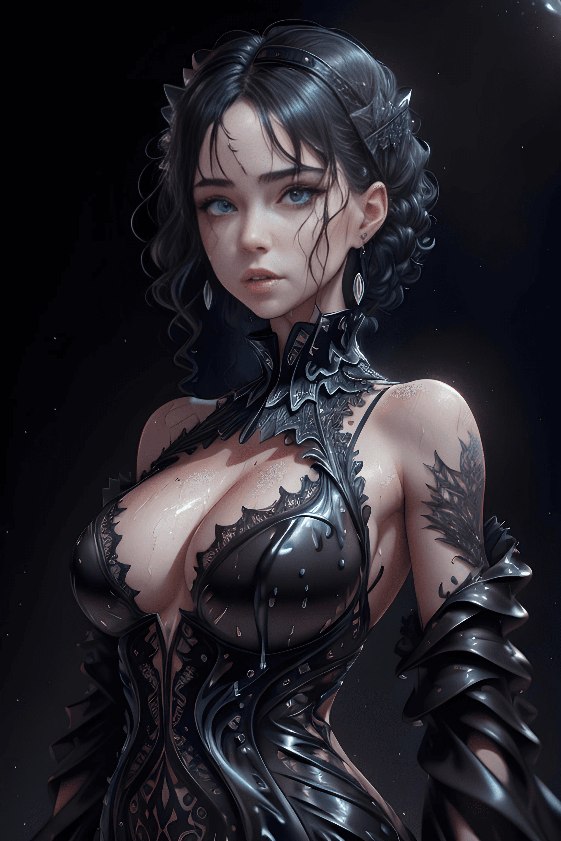 AI generated: , ((illustration of a woman made of liquid)), (((black liquid dress))), ((melting fractal dress)),  ...