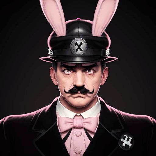 AI generated: Adolf Hitler, chaplin moustache style, dragon ball anime, X-shaped scar on his chest, Pink Bunny ear...