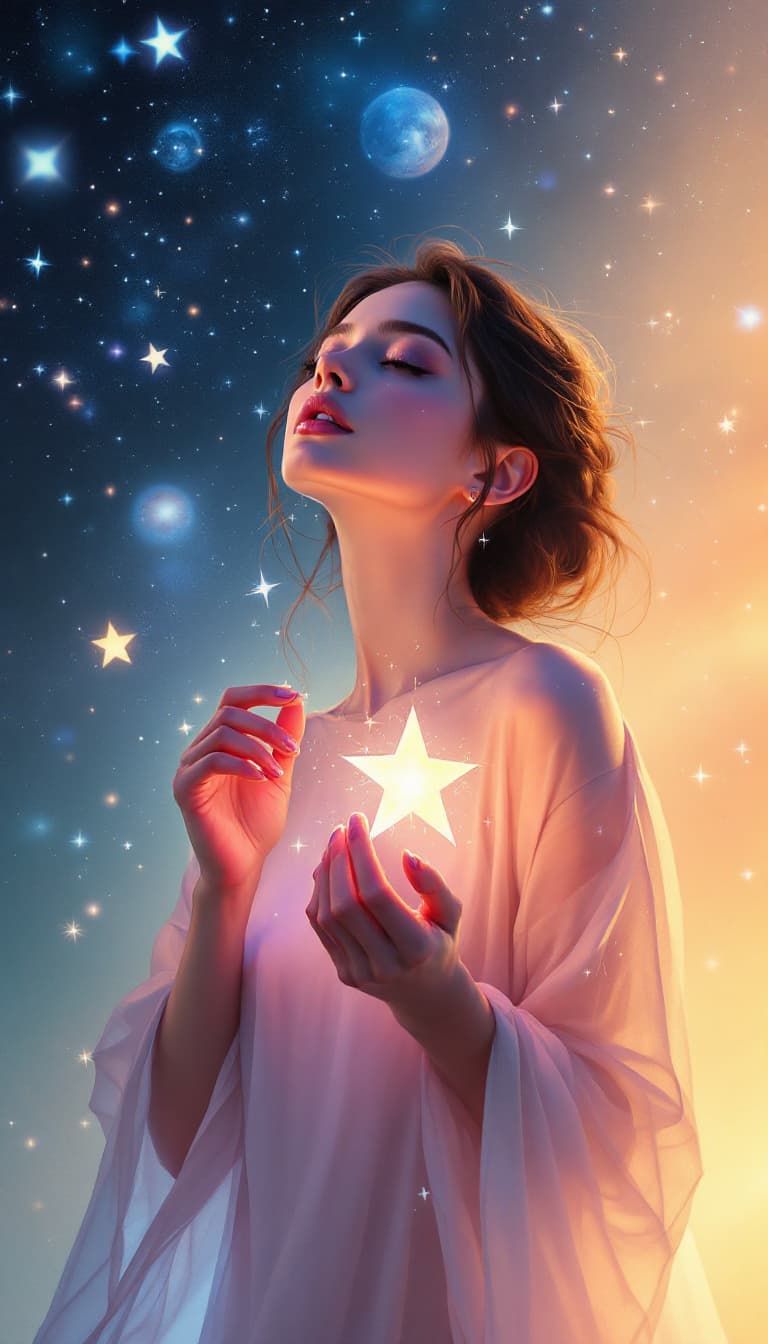 AI generated: Airbrush Painting, Smooth Gradients, Luminous Colors, Ethereal, Woman Holding a Star Gazing, Dreamy ...