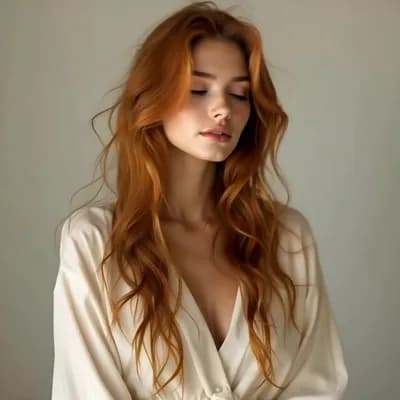 AI generated video: Create a smooth realistic video of the same woman with long wavy ginger hair, porcelain skin, subtle...