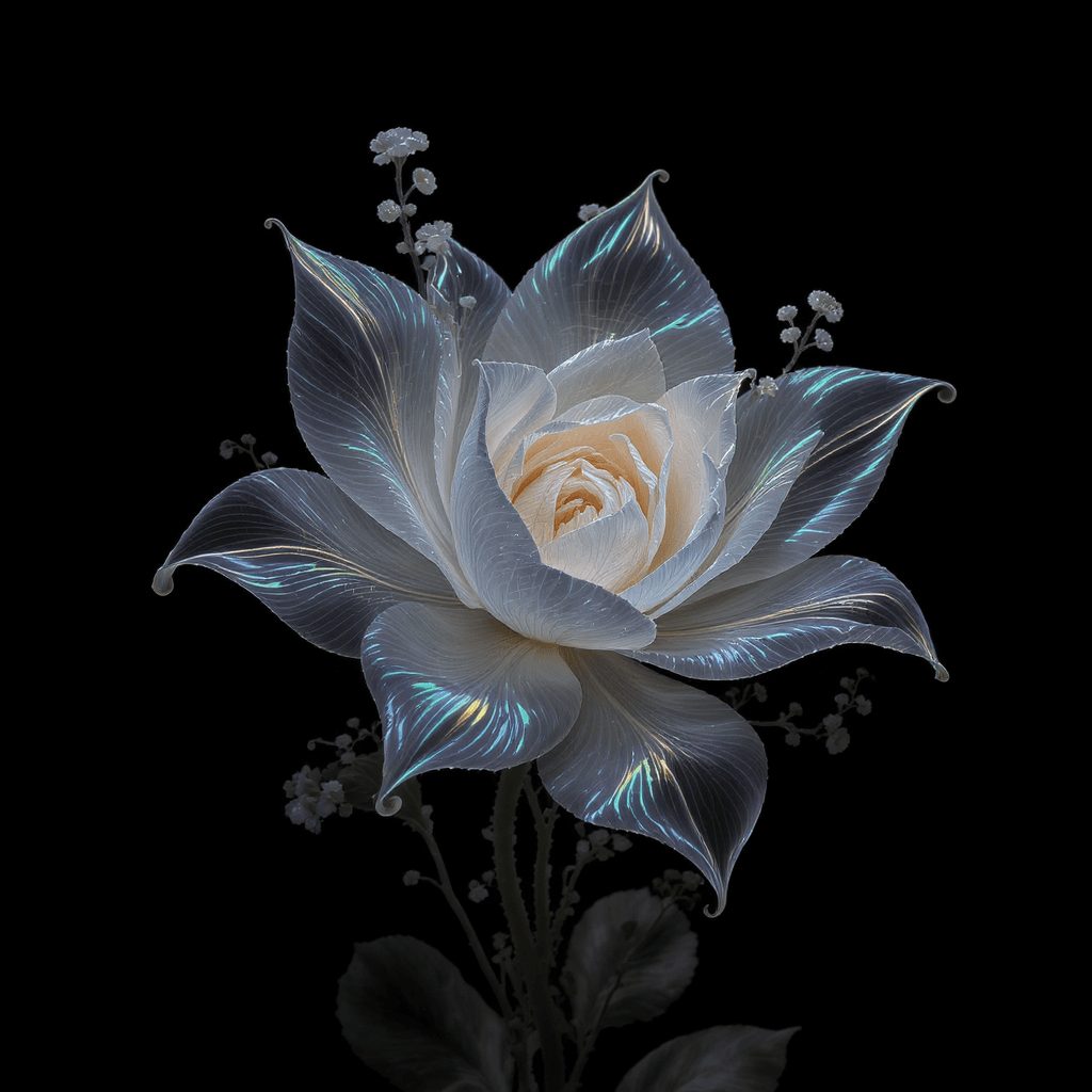 AI generated: delicate surreal fantasy flower, intricate but lightweight structure, slender translucent petals, gl...
