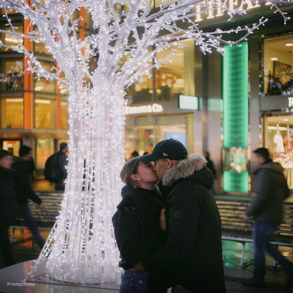 AI generated: high resolution photography, candid shot, couple, hugging, at a complicated street, 35mm film, kodak...