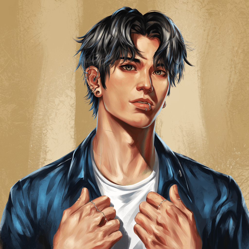 AI generated: In this vivid portrait, a young man of Korean-Caucasian descent stands confidently, his presence nea...