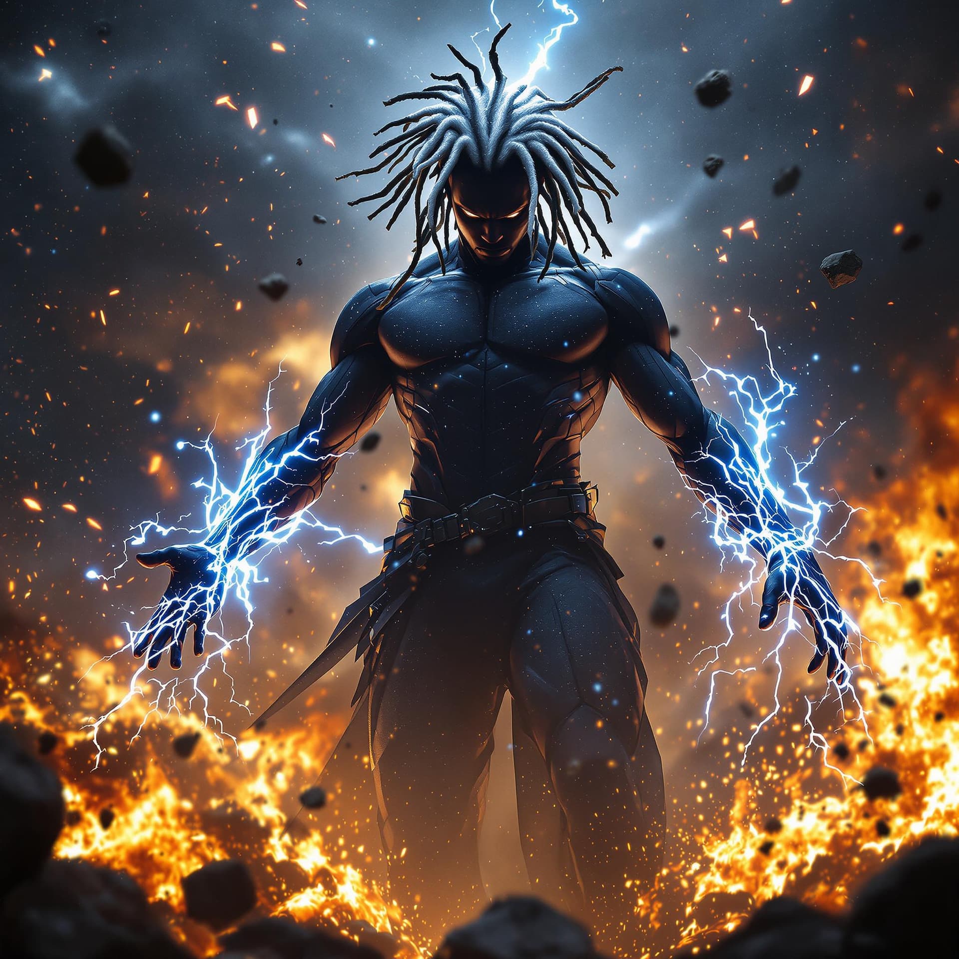 AI generated: front view of a PHOTOrealistic african american superHERO with white glowing short dreadlocks, his b...