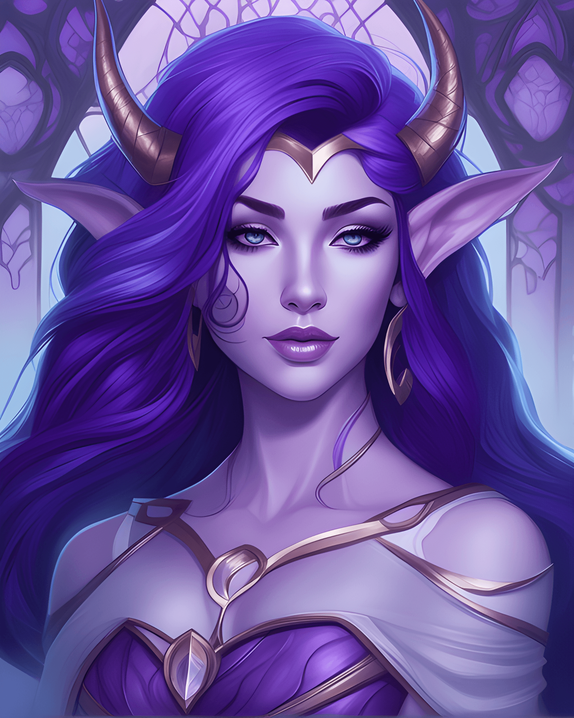 AI generated: a drawing of a woman with purple hair and horns, epic fantasy art style, painted in the style arcane...