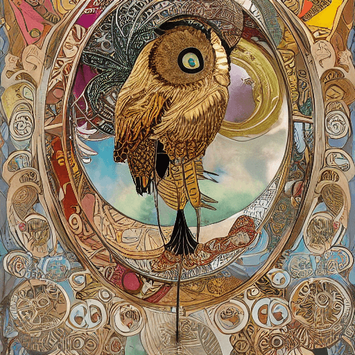 AI generated: high resolution 8k, Erté + Mucha master painter, Byzantine artwork, 
Owl, complementary colours,  fe...