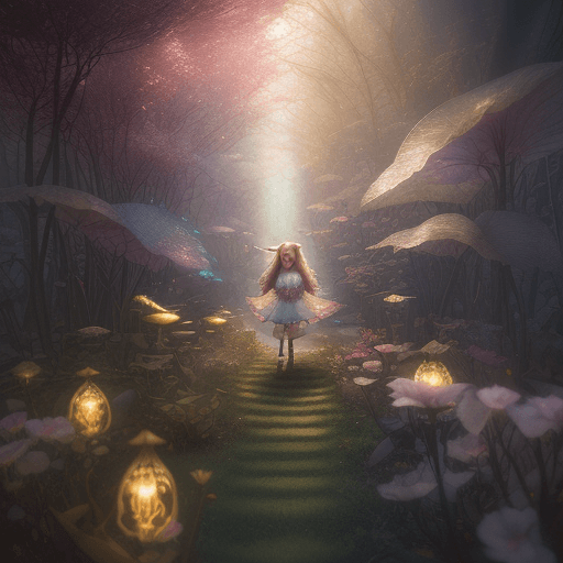 AI generated: kid in Wonderland, dreamy theme, magic realism theme, wonderland theme, fairy light, art by Aleksi B...
