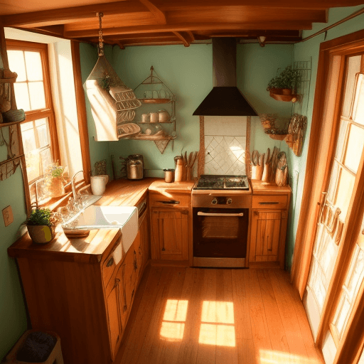 AI generated: cozy kitchen of small house with bohemian furnitures in the morning with shades of morning sun, anim...