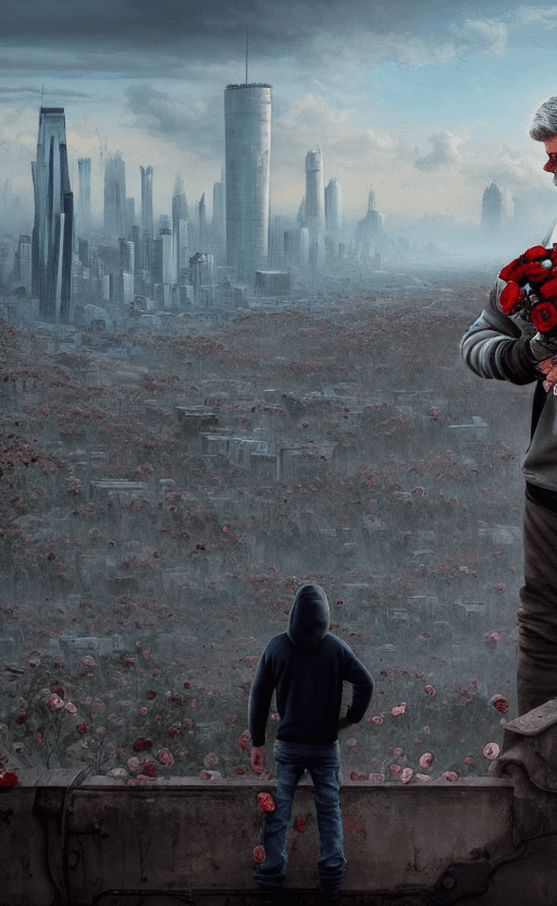 AI generated: post-apocalyptic panoramic cityscape with a man in a hoodie holding a bouquet of roses in one hand o...