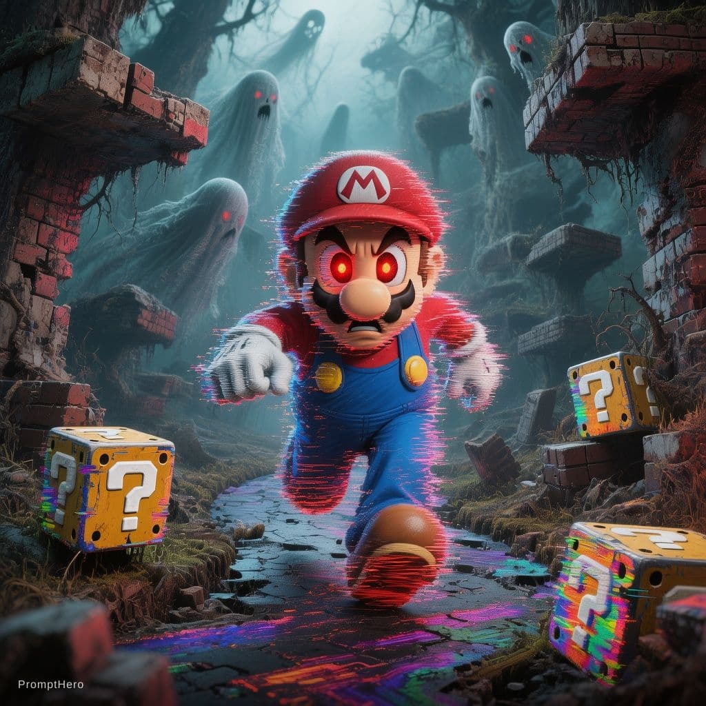 AI generated: In a haunted, eerie version of Mario's world, Mario sprints down a dark, twisted path lined with cru...