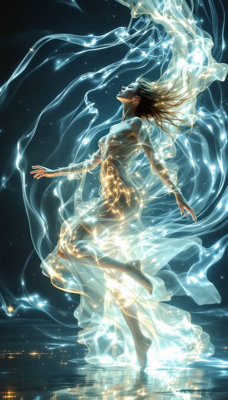 AI generated: 8. A surreal, full-body depiction of a woman dancing in a landscape made of flowing, liquid light th...