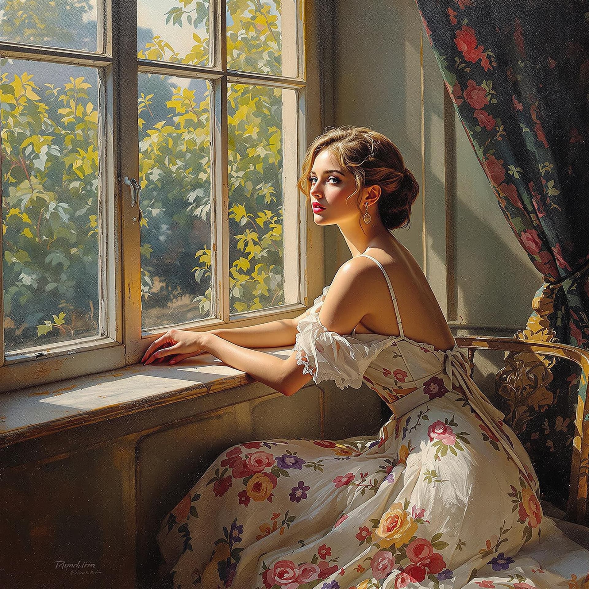 AI generated: a masterpiece oil painting of a beautiful woman sitting by a window, in the style of richly detailed...