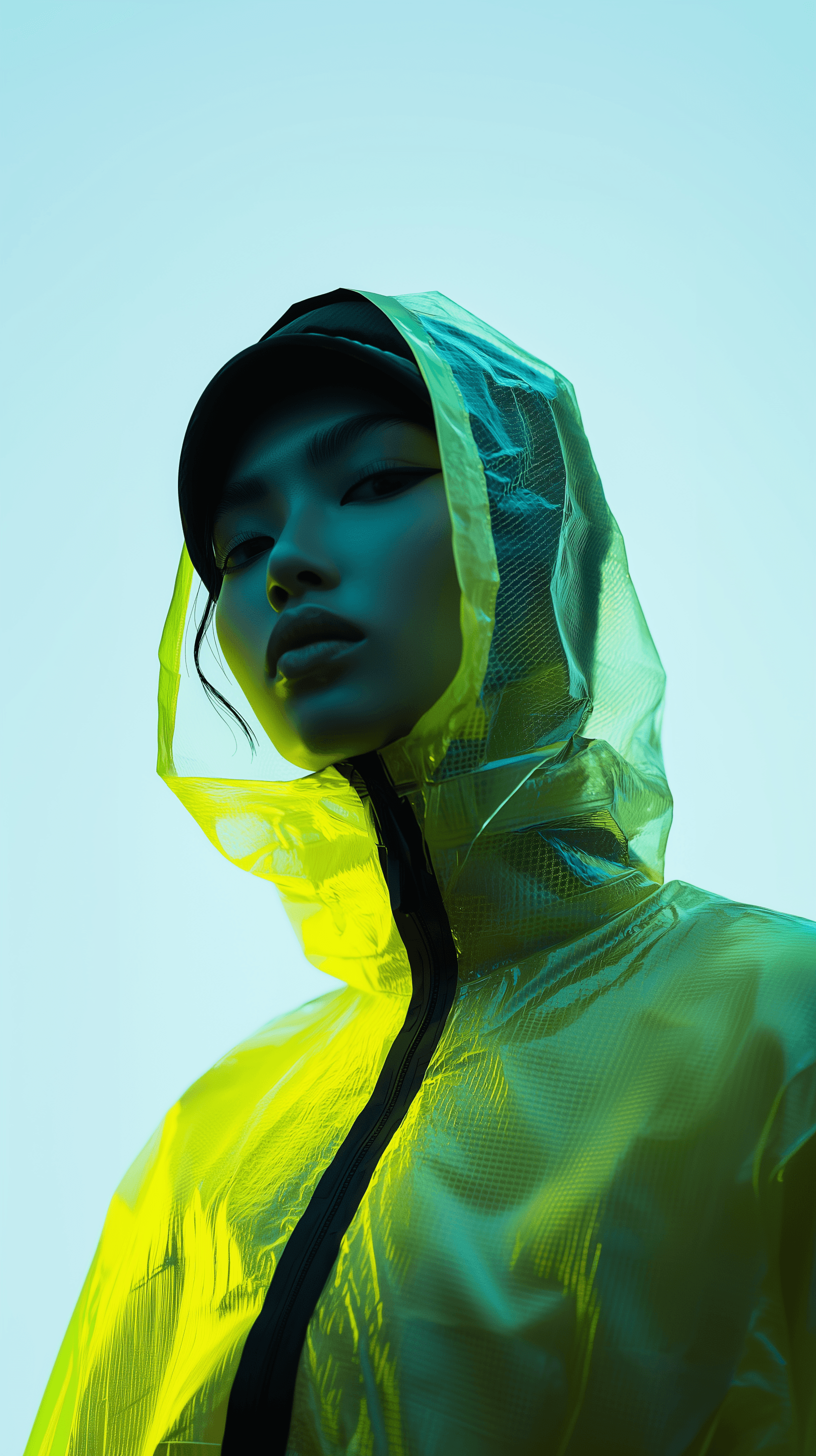 AI generated: futuristic fashion photography, mysterious-faced woman model, gaze to camera, wearing an aerogel sui...