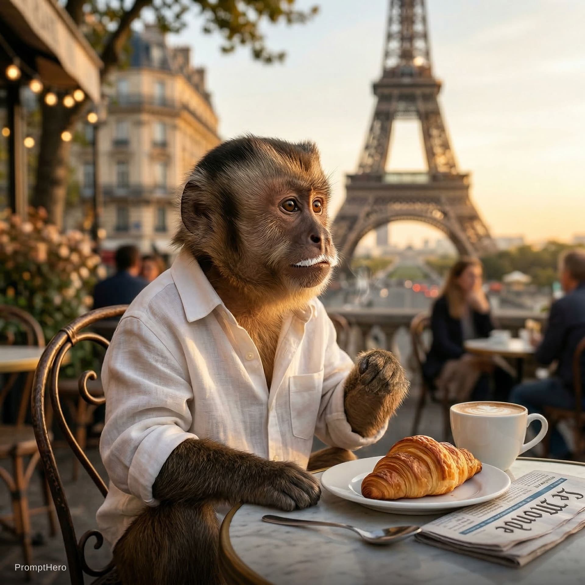 AI generated: A monkey sipping a cappuccino in Paris, close-up portrait (medium shot), sitting on a chair at an ou...