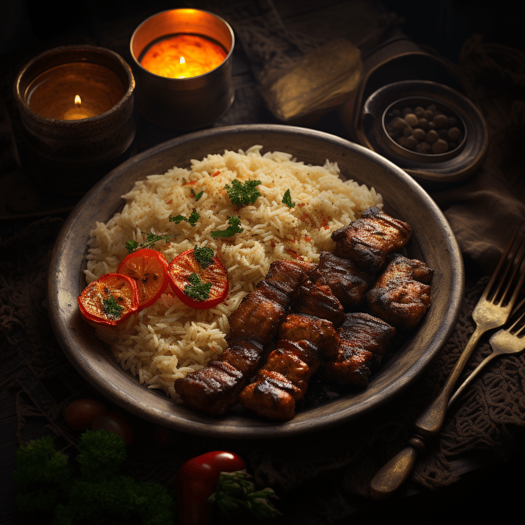 AI generated: Kebabs and rice in a classic plates , perfect composition, beautiful detailed intricate insanely det...