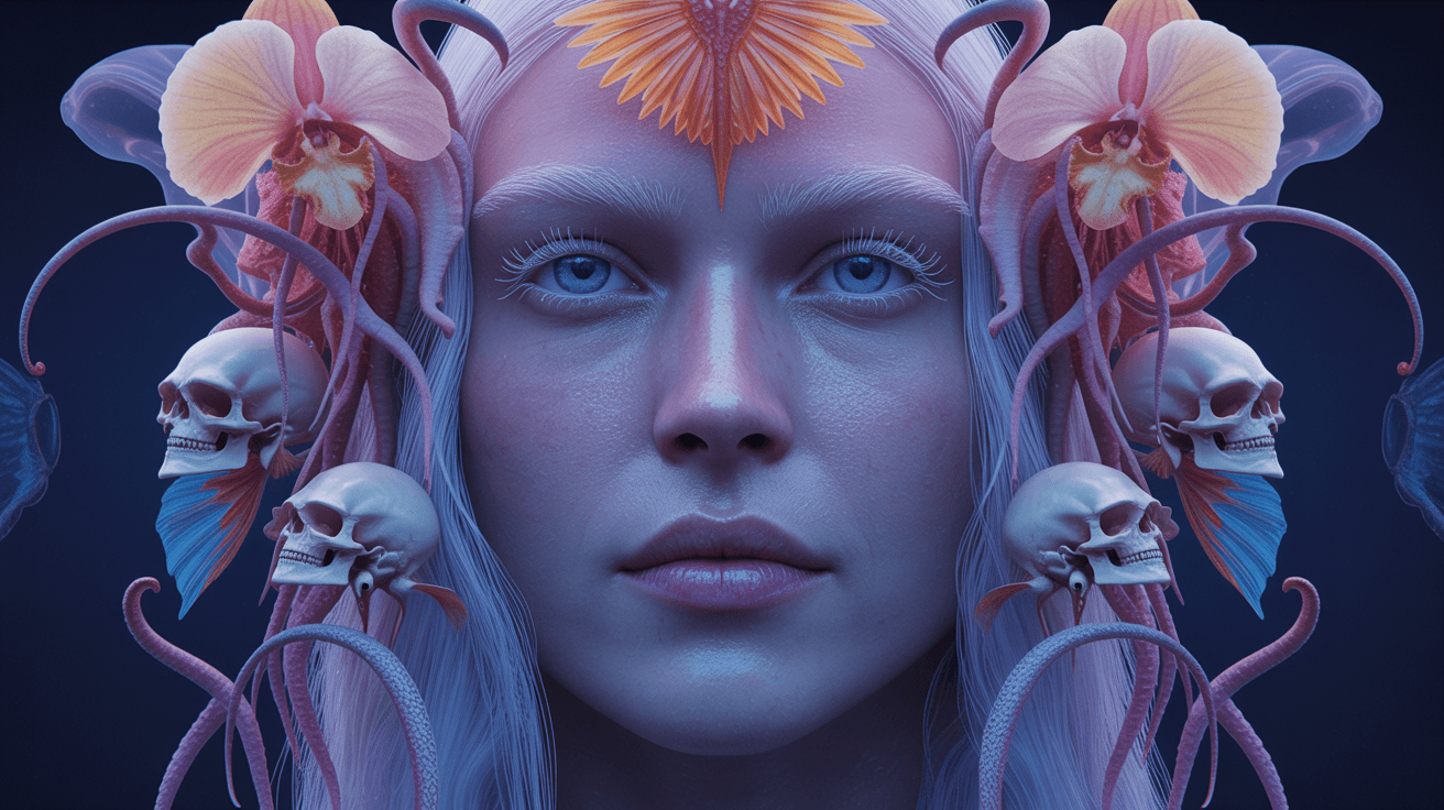 AI generated: Goddess close-up portrait ribcagel. jellyfish phoenix head, nautilus, orchid, skull, betta fish, bio...