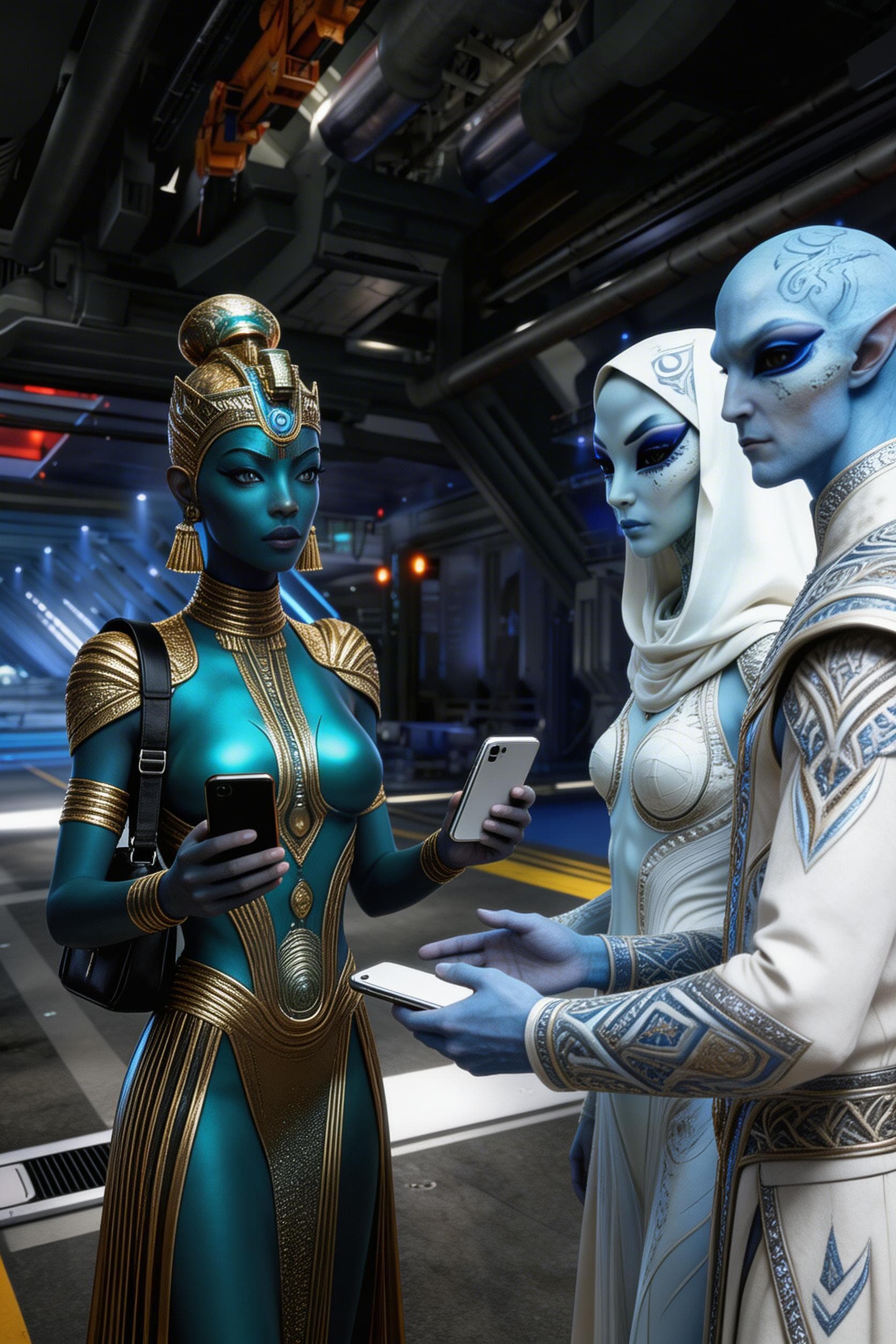 AI generated: Show the character in the landing bay carrying a black shoulder pouch. 

Show her holding two cellph...
