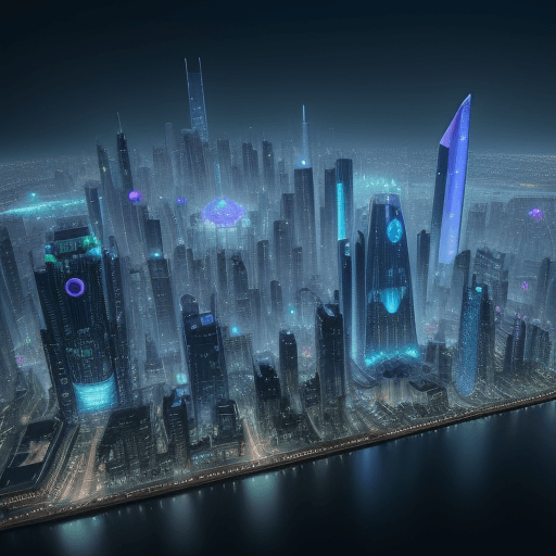 AI generated: "A futuristic city skyline with digital elements like holograms and AI interfaces, showcasing a blen...