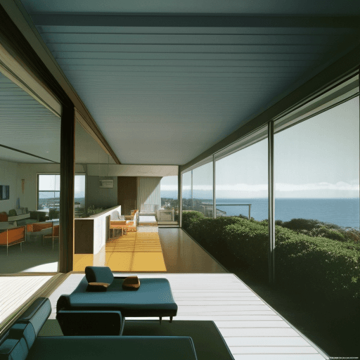 AI generated: Hyper realistic eye level exterior photo of a mid century modern style house overlooking the ocean, ...