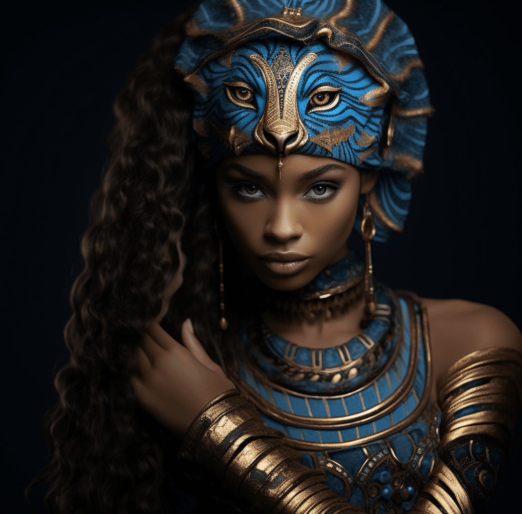 AI generated: A portrait of an african princess and cat is shown along with a tiger, in the style of dark gold and...