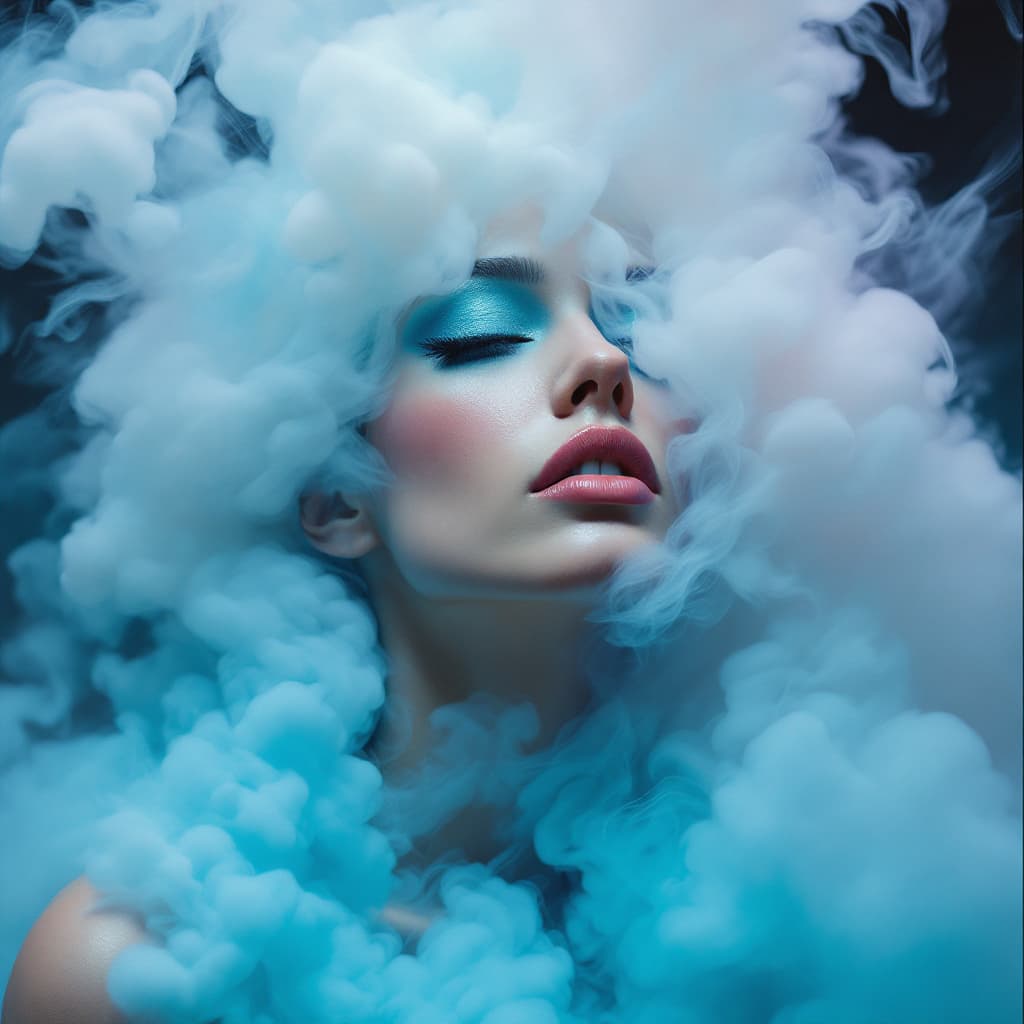 AI generated: portrait of a woman covered in cloud of smoke, whirlwind, cyan highlight colors, cyan make-up, hints...