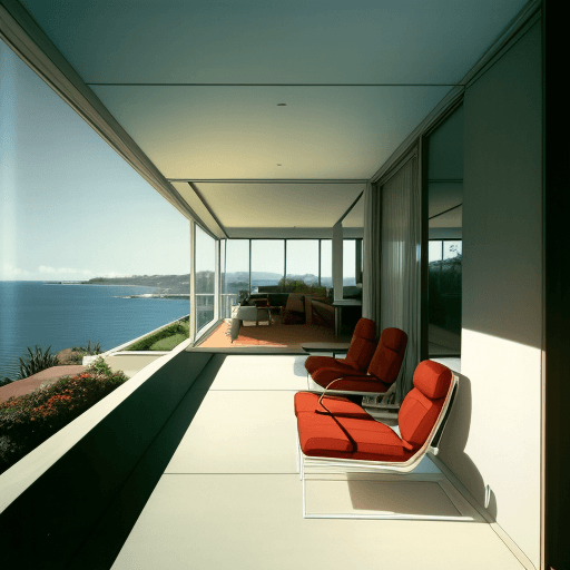 AI generated: Hyper realistic eye level exterior photo of a mid century modern style house overlooking the ocean, ...