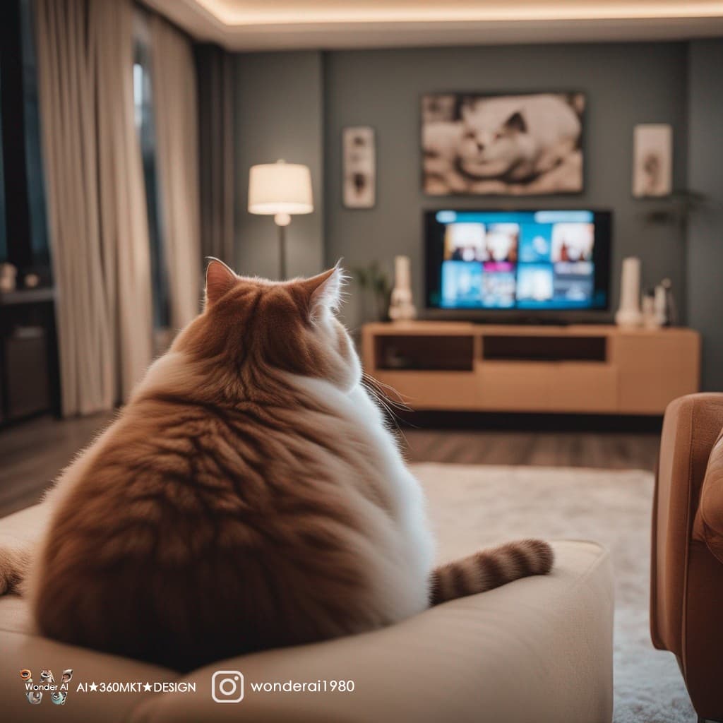 AI generated: anthropomorphic cute fat cats sitting on the couch watching Television, ([4K Television:10] broadcas...