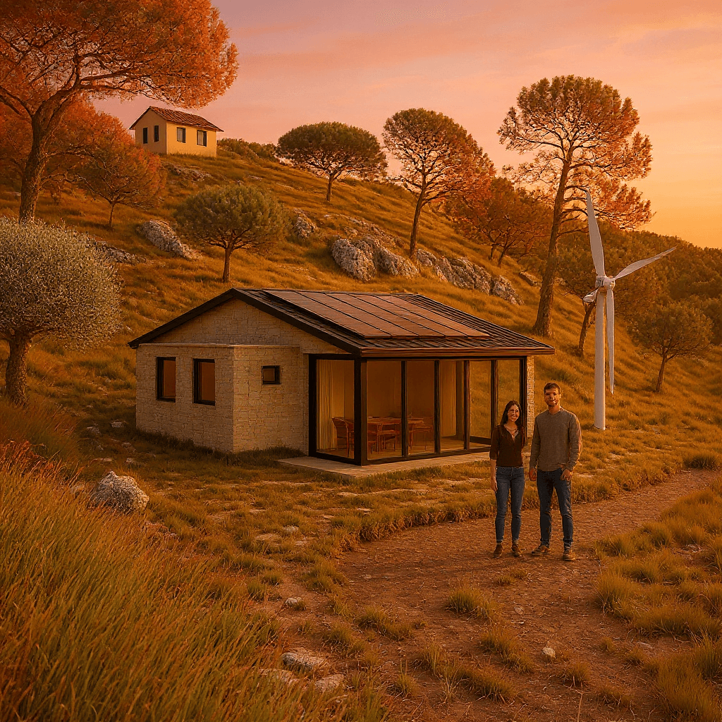 AI generated: It's autumn time. Exactly the same house in a farm field.  Energy autonomous. Add a young couple and...