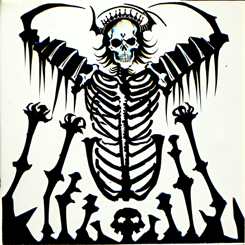 AI generated: Skeleton, Demon's Crown, in style of Raymond Pettibon