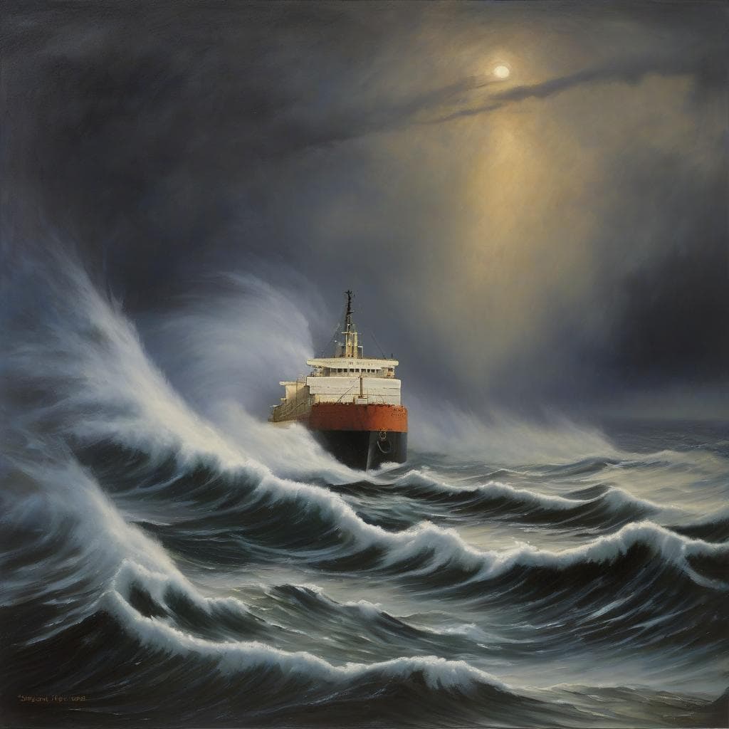AI generated: a dramatic oil painting captures the Great Lakes ore freighter "SS Edmund Fitzgerald" in a heavy win...