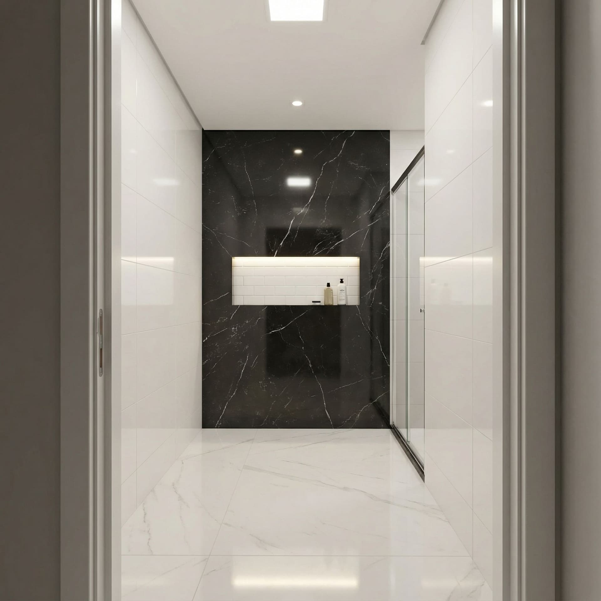 AI generated: Realistic 3D walkthrough of a modern shower bathroom.
Camera slowly enters the bathroom and moves fo...