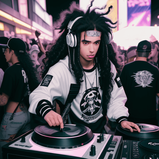 AI generated: Photo of A mid 20s biracial black and white race male DJ, with long dark curly hair, wearing baggy Y...