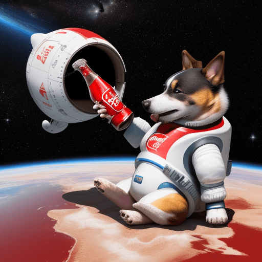 AI generated: un perro hosking tomando coca cola montado en un teselan en el espacio