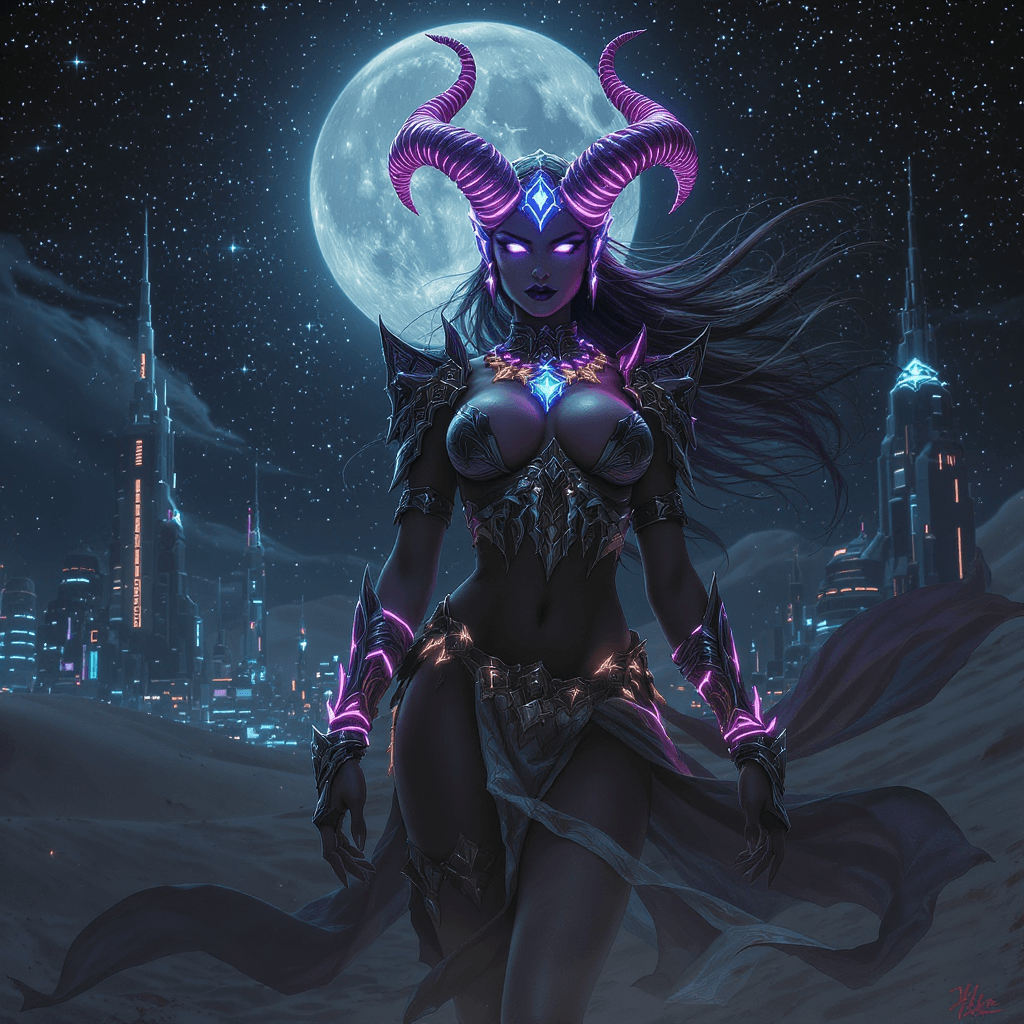 AI generated: A detailed and atmospheric illustration, full body shot of a young beautiful European female neon cr...