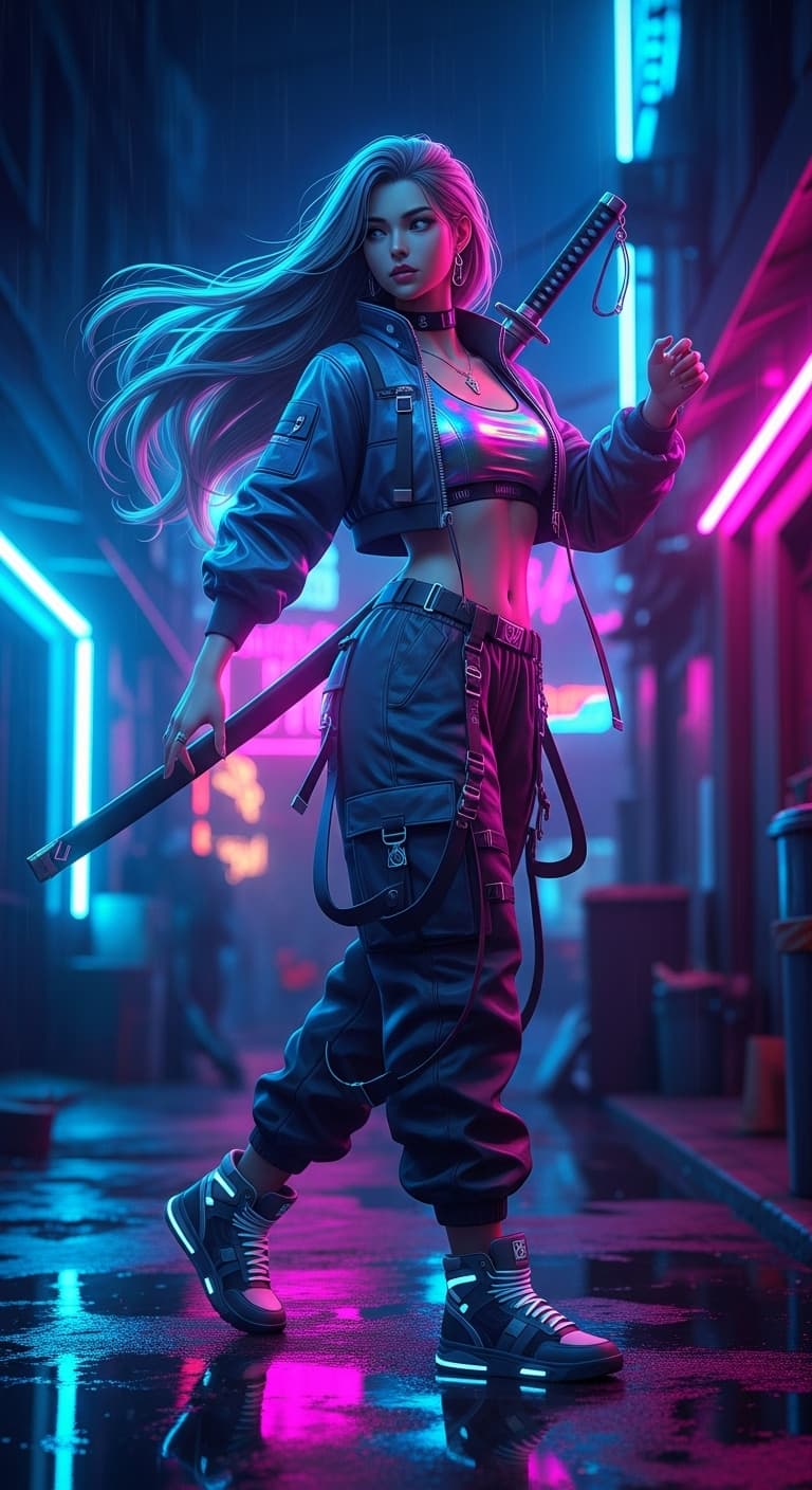 AI generated: hyper-stylized streetwear girl, realistic anime fusion style, long silver hair, neon-lit alley, futu...