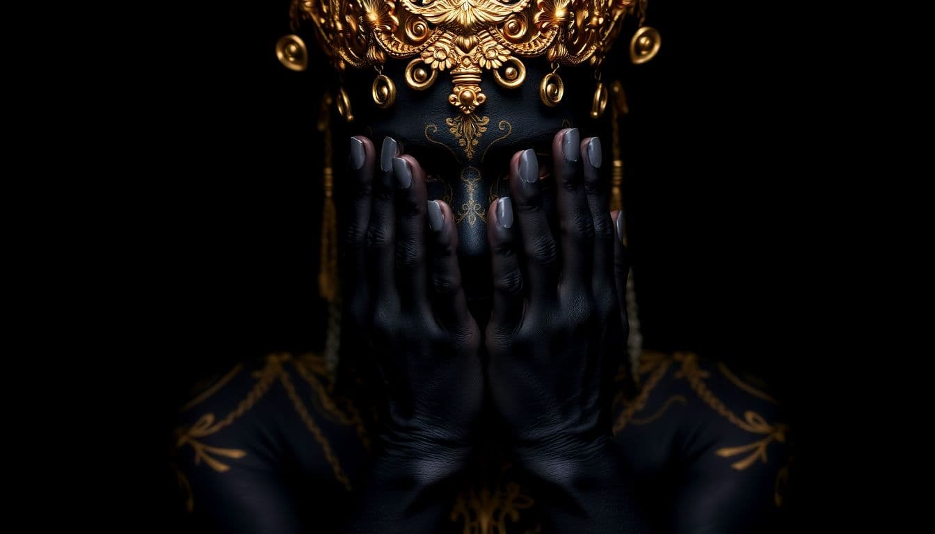 AI generated: A person with black body paint and golden details and headpiece covers their face with their hands. ...