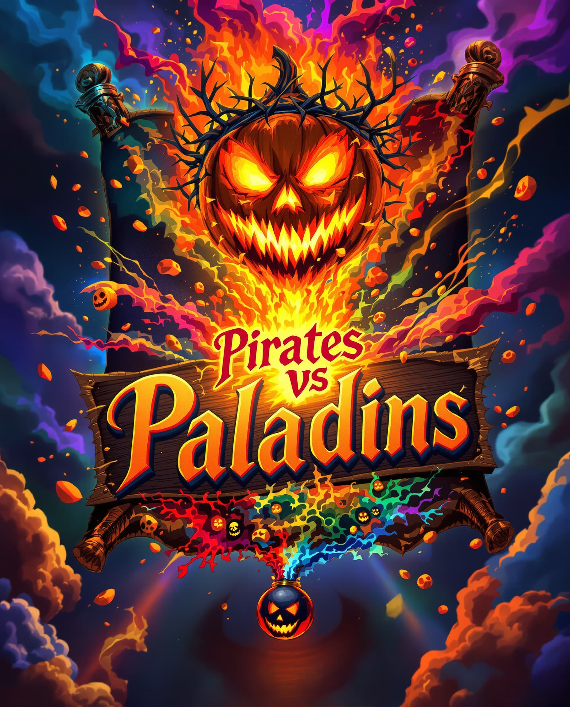 AI generated: Heraldic Steampunk Pirate Flag, featuring a glowing pumpkin crown of thorns, above a luminous fiery ...