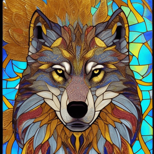 AI generated: A Stained Glass Wolf gilded in gold, very realistic, bright colors, very detailed, fantasy painting,...