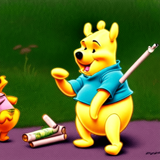 AI generated: winnie the pooh, smoking cigarette with shreek on the grass