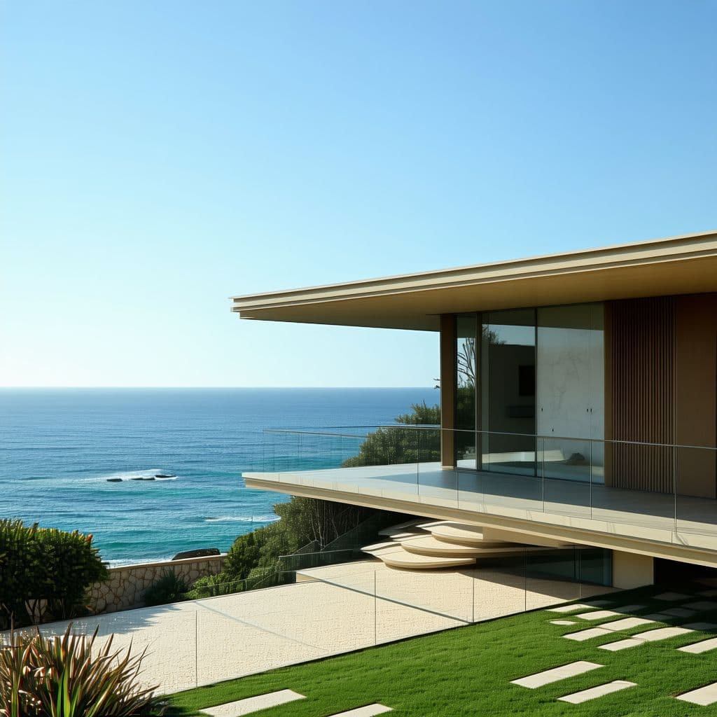 AI generated: Full body shot, Hyper realistic eye level exterior photo of a mid century modern style house overloo...