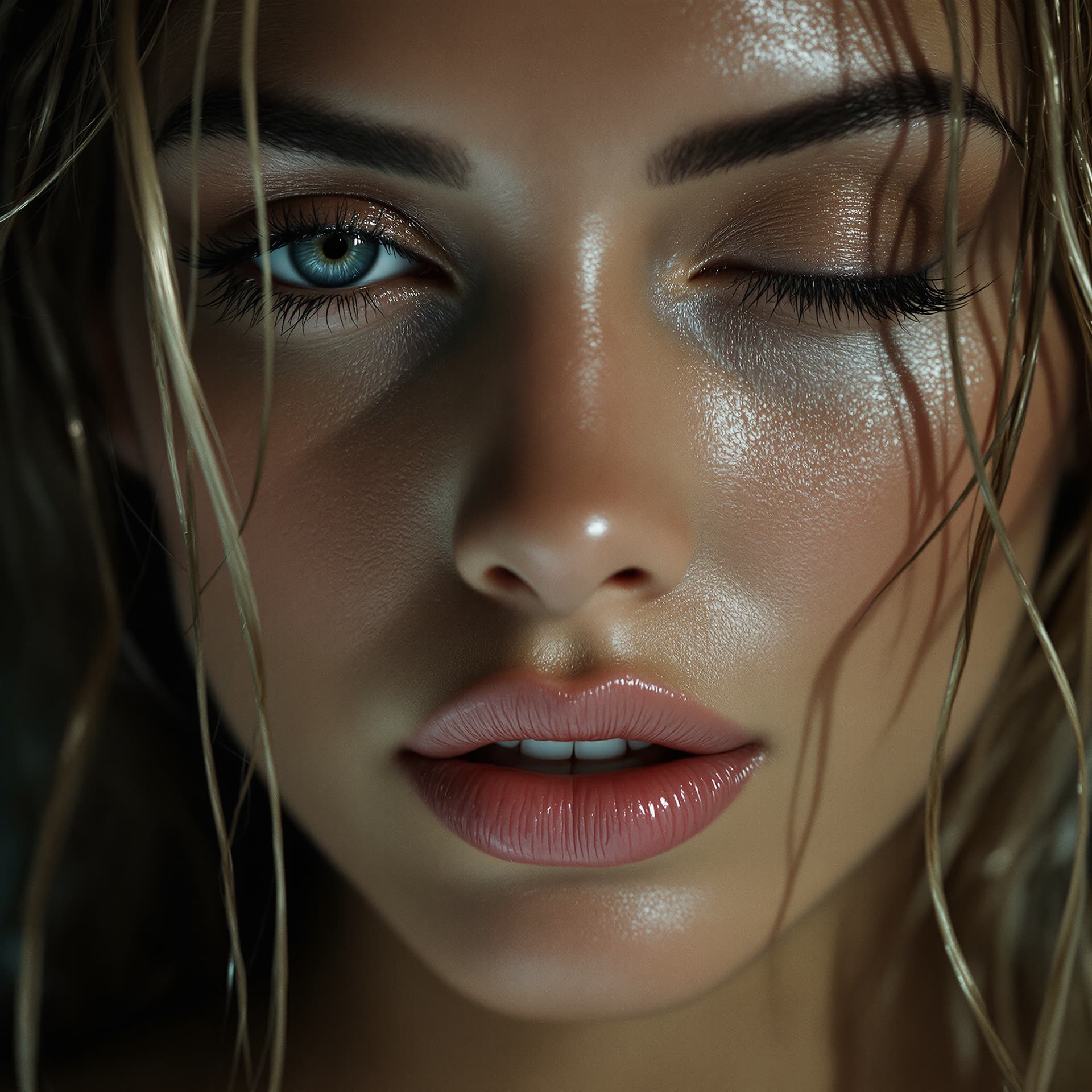 AI generated: Hyper-realistic erotic fine art photography in the style of Nicolas Winding Refn and Caravaggio, ext...