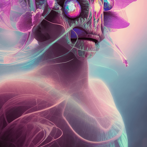 AI generated: Goddess close-up portrait ribcagel. jellyfish phoenix head, nautilus, orchid, skull, betta fish, bio...