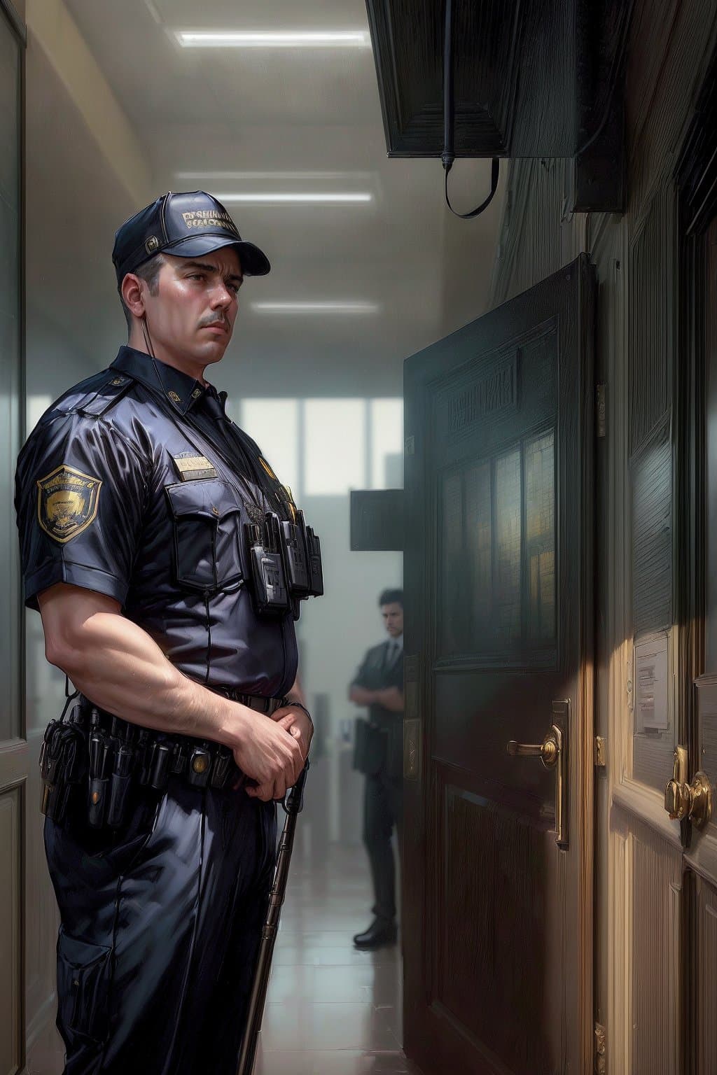 AI generated: (a security guard are patrolling business center:1.3), Intricate, High Detail, dramatic, professiona...