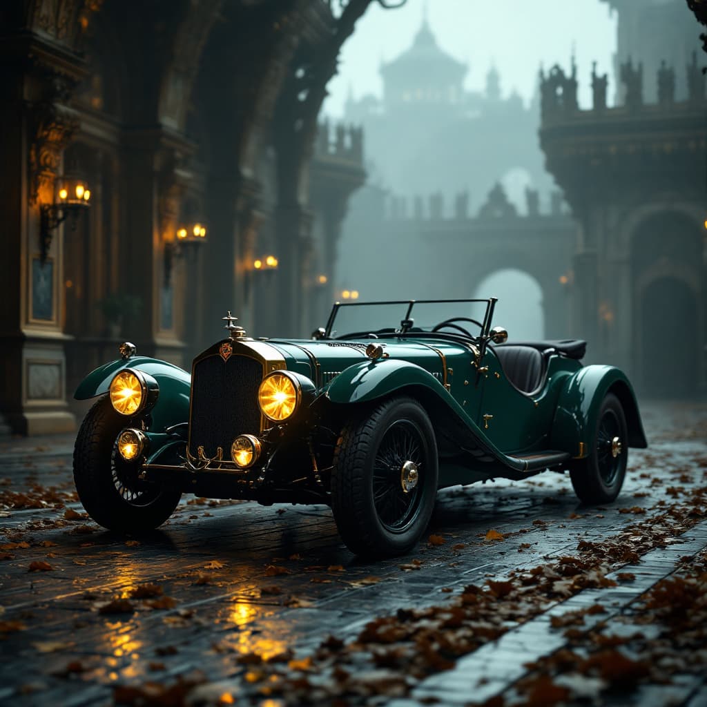 AI generated: General outline of a latest model British racing green convertible ftype  in steampunk style,  with ...