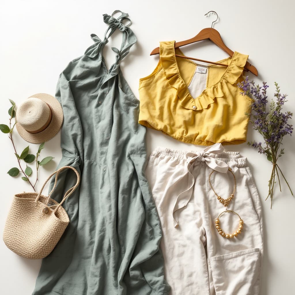 AI generated: a flat lay photography of summer linen outfit from the elkthelabel.com options including a dress, pa...