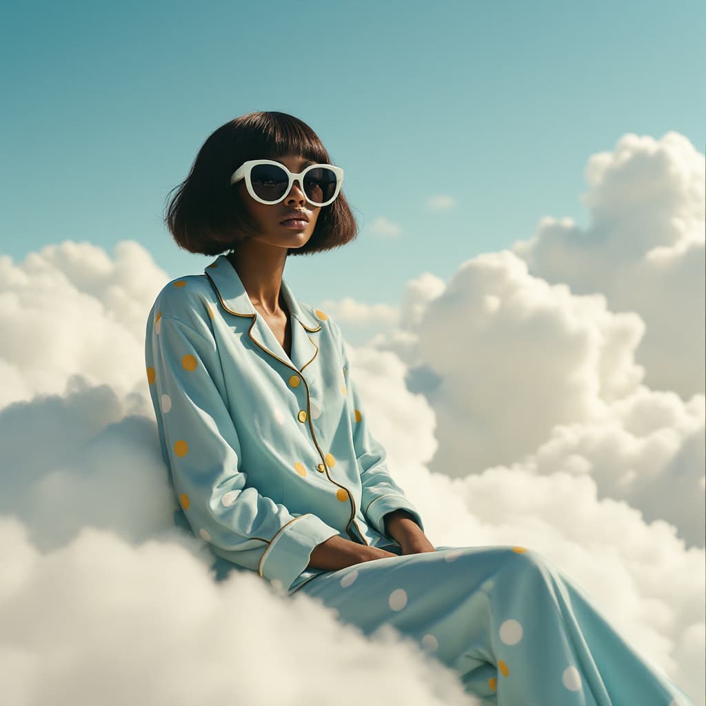 AI generated: A photo of an eccentric black woman sitting on top of white fluffy clouds wearing big sunglasses and...