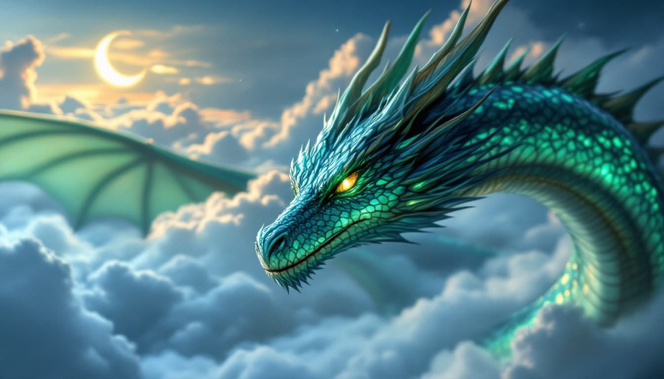 AI generated: A close-up of a sleek emerald dragon soaring through a cloud-filled twilight sky. Its elongated neck...
